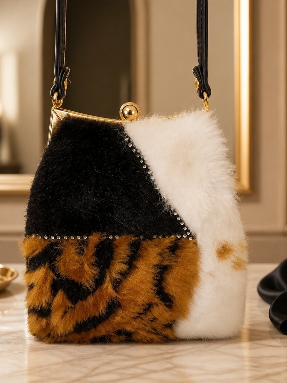 Faux Fur Patchwork Crossbody Bag in Black, White & Brown